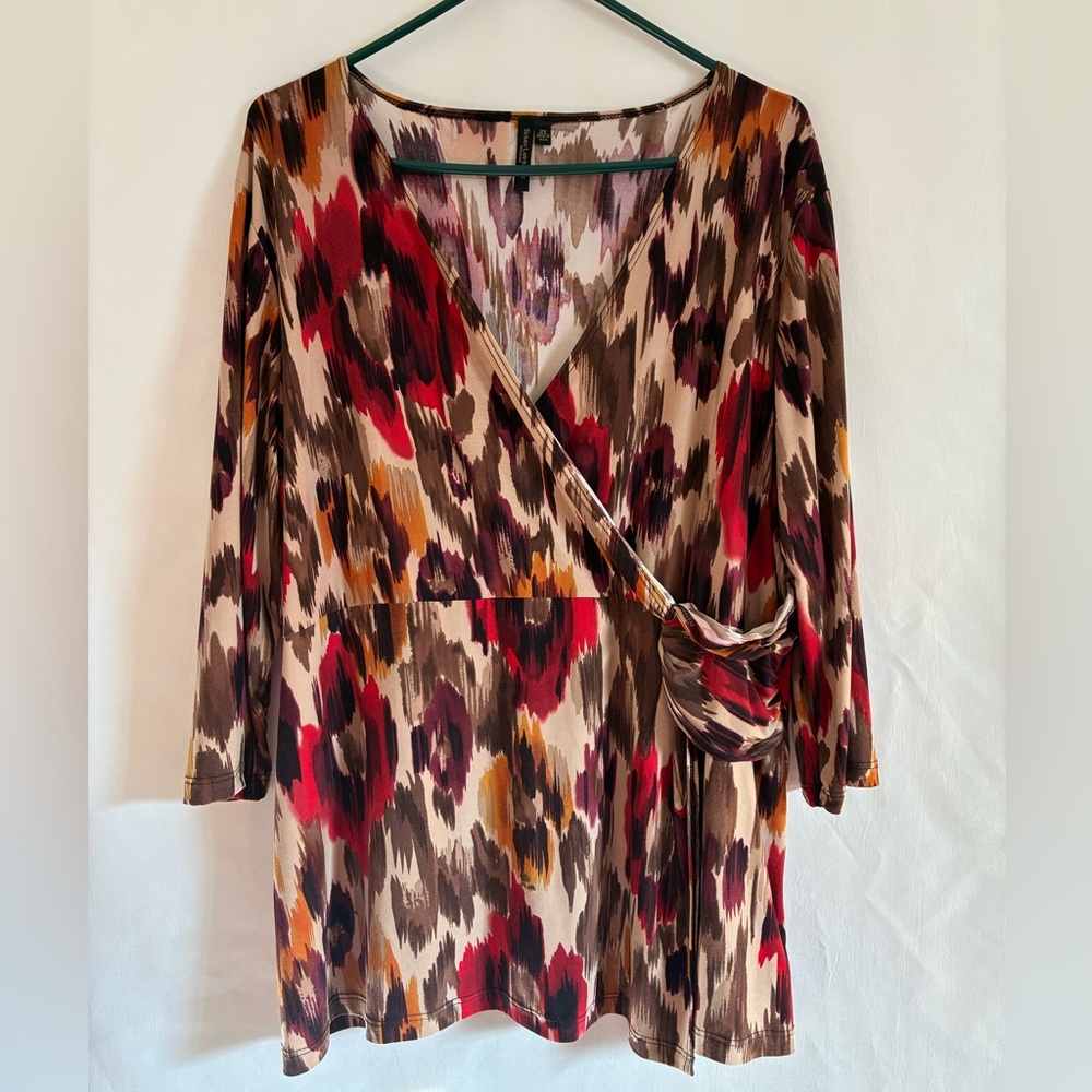 Susan Lawrence fall multi color 3/4 sleeves V neck wrinkle free flowy blouse 2XL